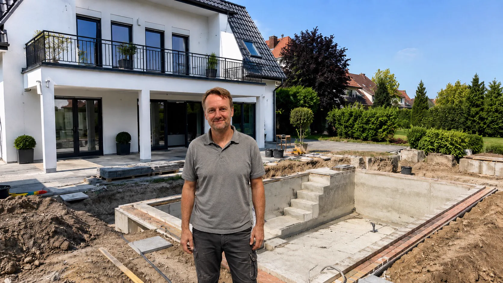 Team eines Poolbau-Betriebs auf der eigenen Baustelle