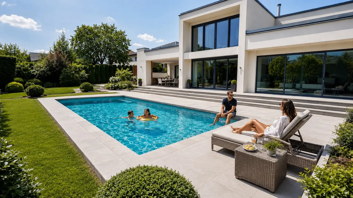Familie entspannt am neu gebauten Pool im Garten einer modernen Villa.