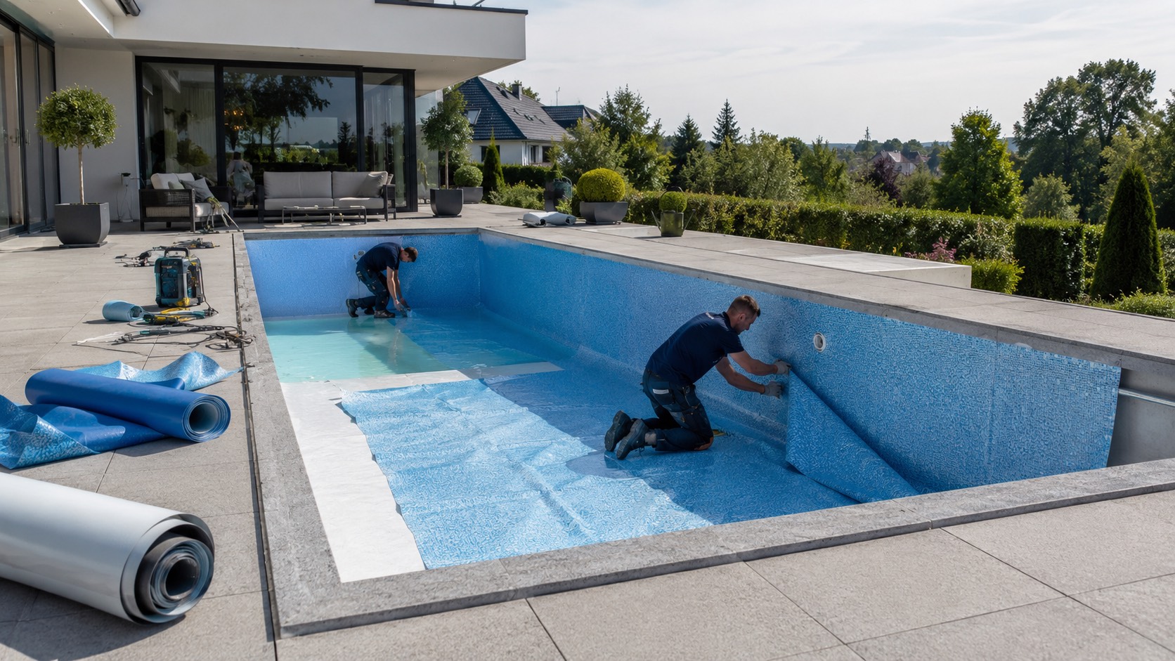Zwei Monteure verlegen eine neue Poolfolie bei einer Sanierung.