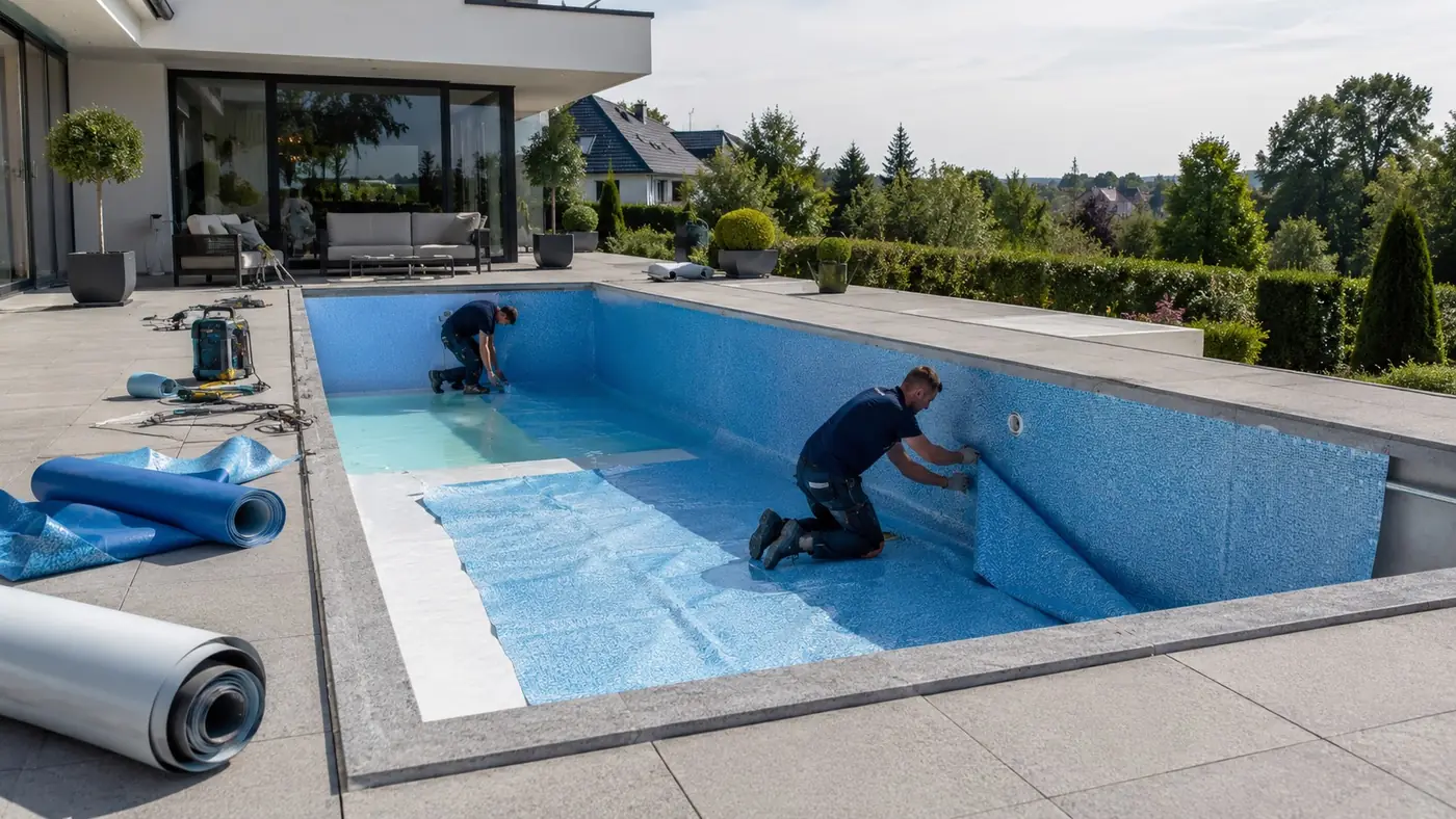 Zwei Monteure verlegen eine neue Poolfolie bei einer Sanierung.