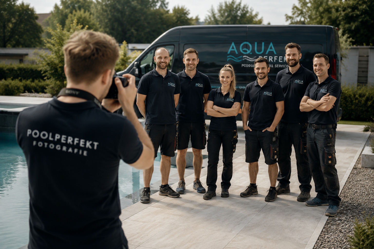 Team-Fotoshooting: Poolbau-Team posiert vor dem Firmenfahrzeug für den Fotografen.