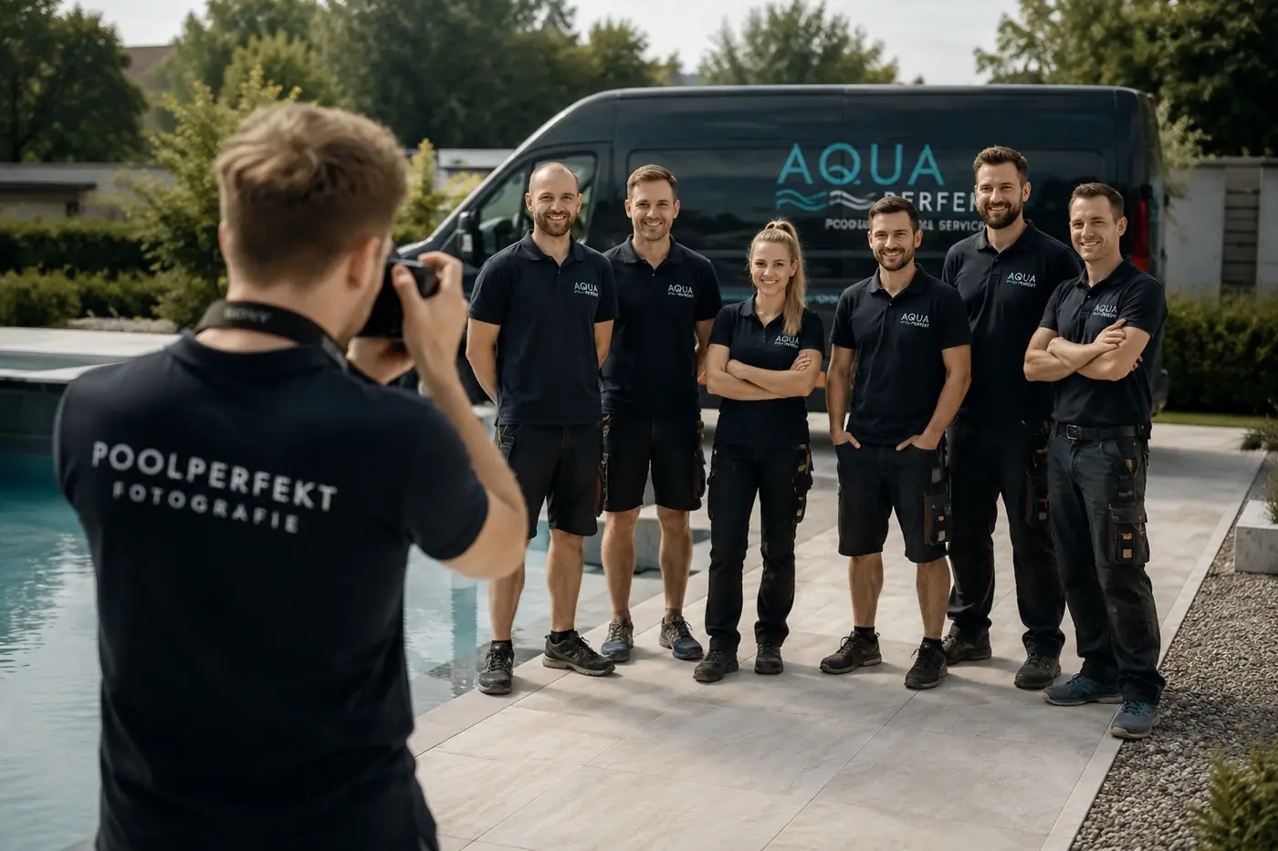 Team-Fotoshooting: Poolbau-Team posiert vor dem Firmenfahrzeug für den Fotografen.