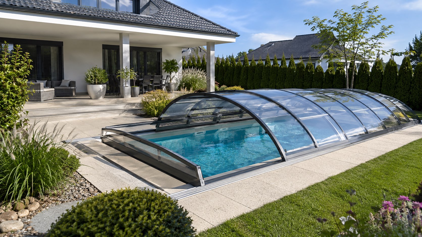 Moderne, flache Poolüberdachung aus Glas im Garten eines Einfamilienhauses.
