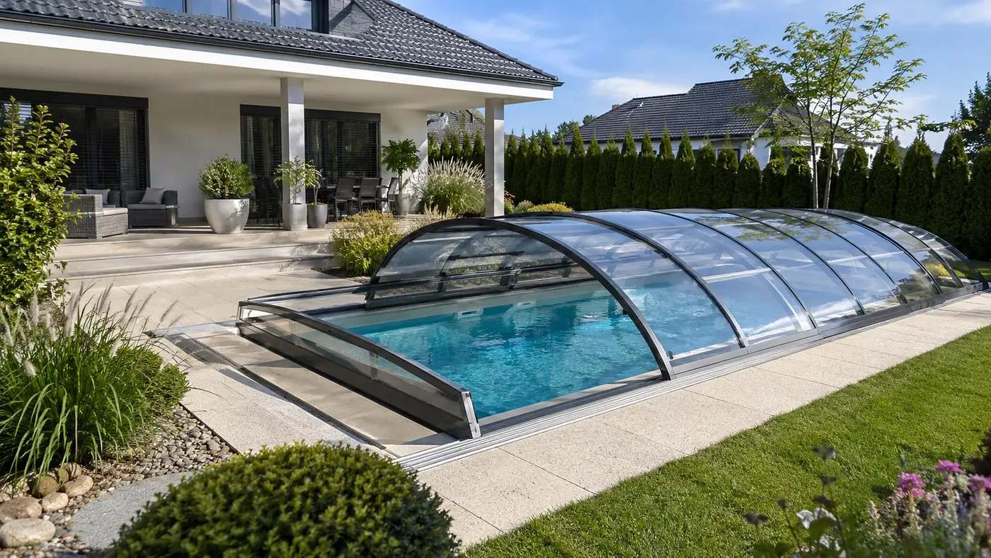 Moderne, flache Poolüberdachung aus Glas im Garten eines Einfamilienhauses.