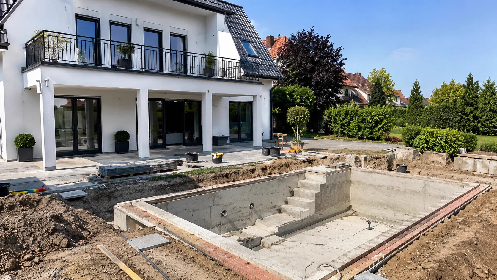 Poolbaustelle im Rohbau, Handyaufnahme